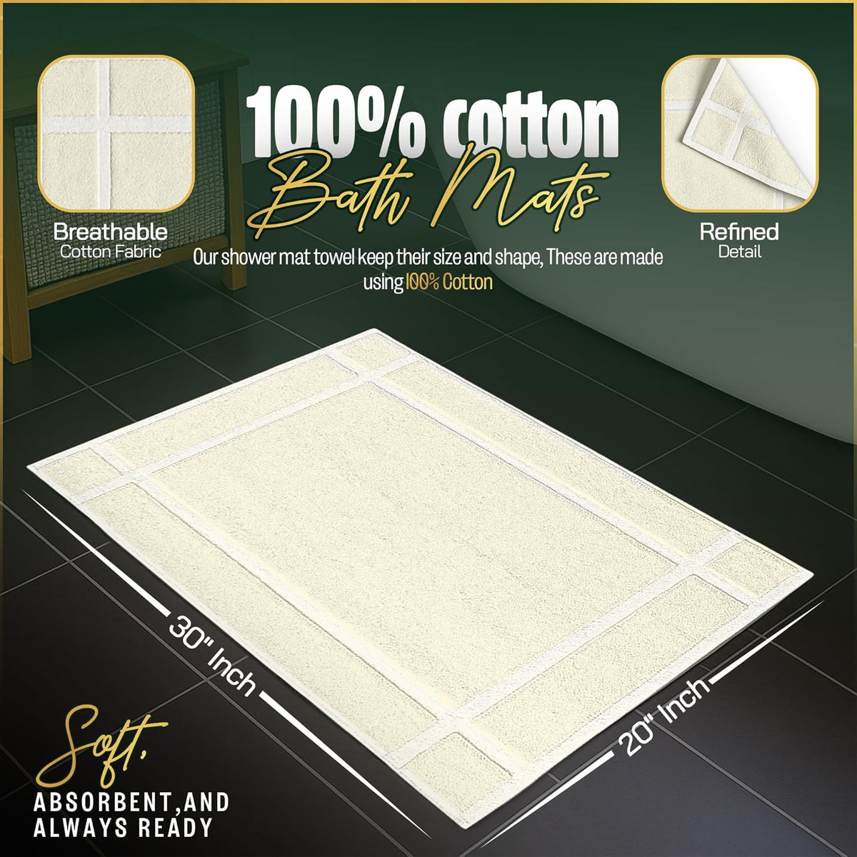 Pearl Linens Pack of 2 100% Cotton Bathmat 20x30 inches, Soft & Absorbent Quick Dry Bathroom Mat Set, Not Bathroom Rugs, After Shower Mat, Bath Tubmat, 687 GSM, Machine Washable, Ivory