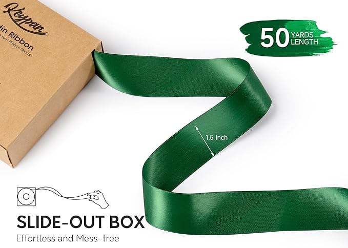 Forest Green Satin Ribbon 1-1/2 Inch x 50 Yards Double-Faced Ribbons for Christmas Gift Wrapping Crafts Flower Bouquet Wedding Paper Bows Invitations
