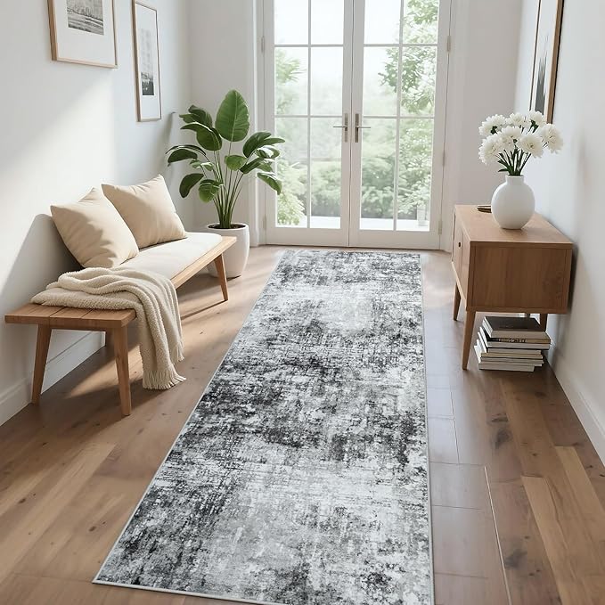 Runner Rug for Hallways Kitchen 2'6"x8' Washable, Non Slip Carpet 8ft Area Rugs Entryway Rubber Backed 8 Feet Neutral Abstract Modern Low Pile Indoor Black Grey