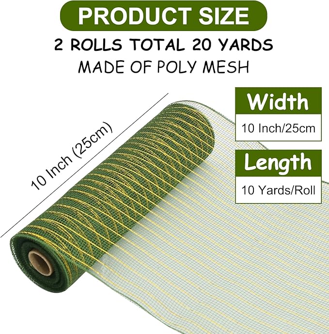 TONIFUL 2 Rolls 10 Inch Sage Green Decorative Mesh Ribbbon Rolls, Fabric Mesh with Foil for Wreath Supplies, Front Door Wreath Crafts Tree Decor Christmas NewYears Halloween Decoration (10 yds/roll)
