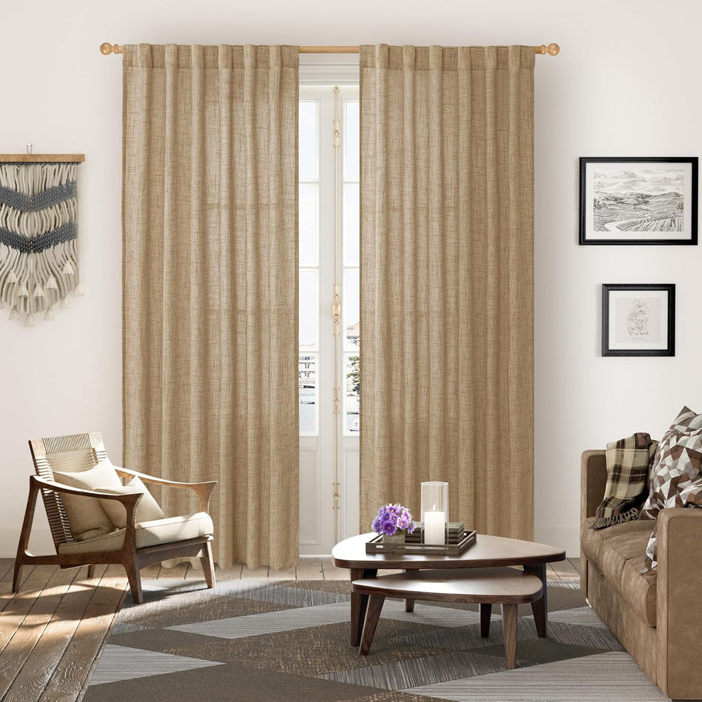 YoungsTex Toffee Linen Curtains 84 Inch Length 2 Panels for Farmhouse Living Room, Light Filtering Back Tab Burlap Textured Window Drapes for Bedroom Rod Pocket Rustic/Country, 52 X 84 Inch