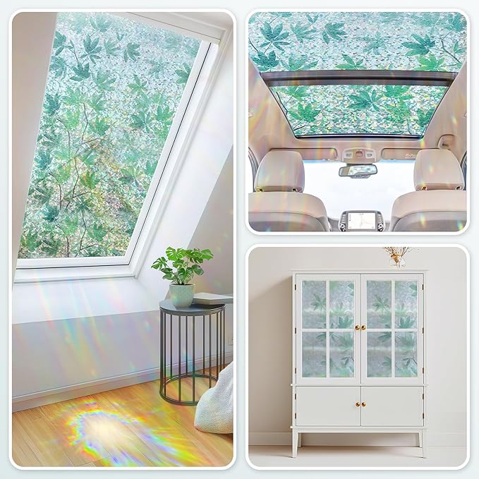 Haton Window Privacy Film, Decorative Stained Glass Window Clings, 3D UV Sun Blocking Sticker, Removable Static Cling Heat Control Tint for Home Door, Leaf Rainbow, 35.4" x 78.7" Non-Adhesive