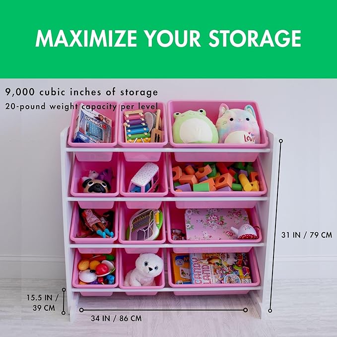Humble Crew Kids Toy Storage Organizer with 12 Plastic Bins, White/Pink – Removable Bins for Playroom, Bedroom, Toddler Furniture for Boys and Girls Ages