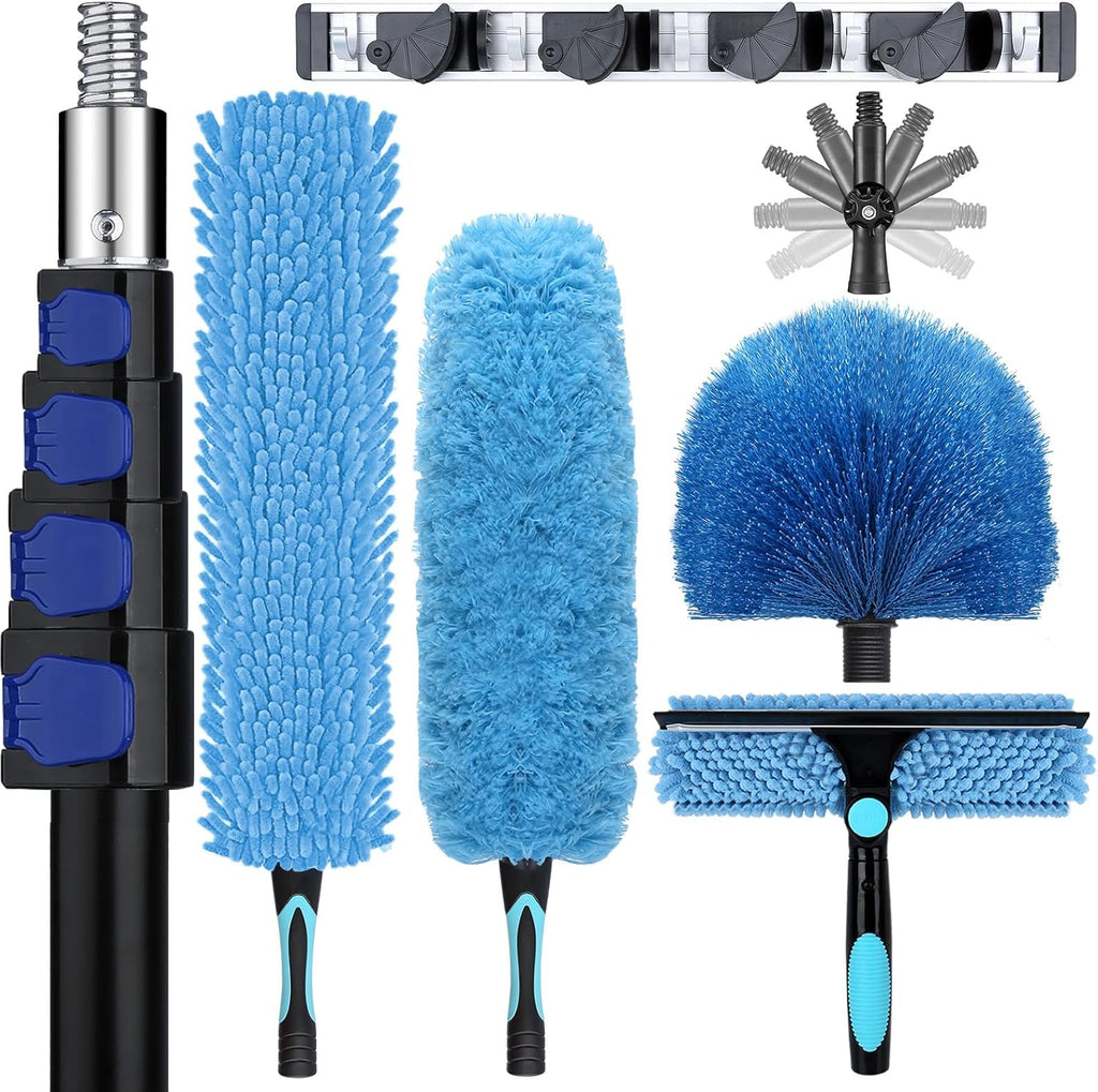 30ft High Ceiling Duster Kits with 5-24ft Heavy Duty Extension Pole - Fan Blade Cleaner, Cobweb Remover & Blue Window Squeegee Kit, Washable Dust Brush for High Roof and Glass Surfaces