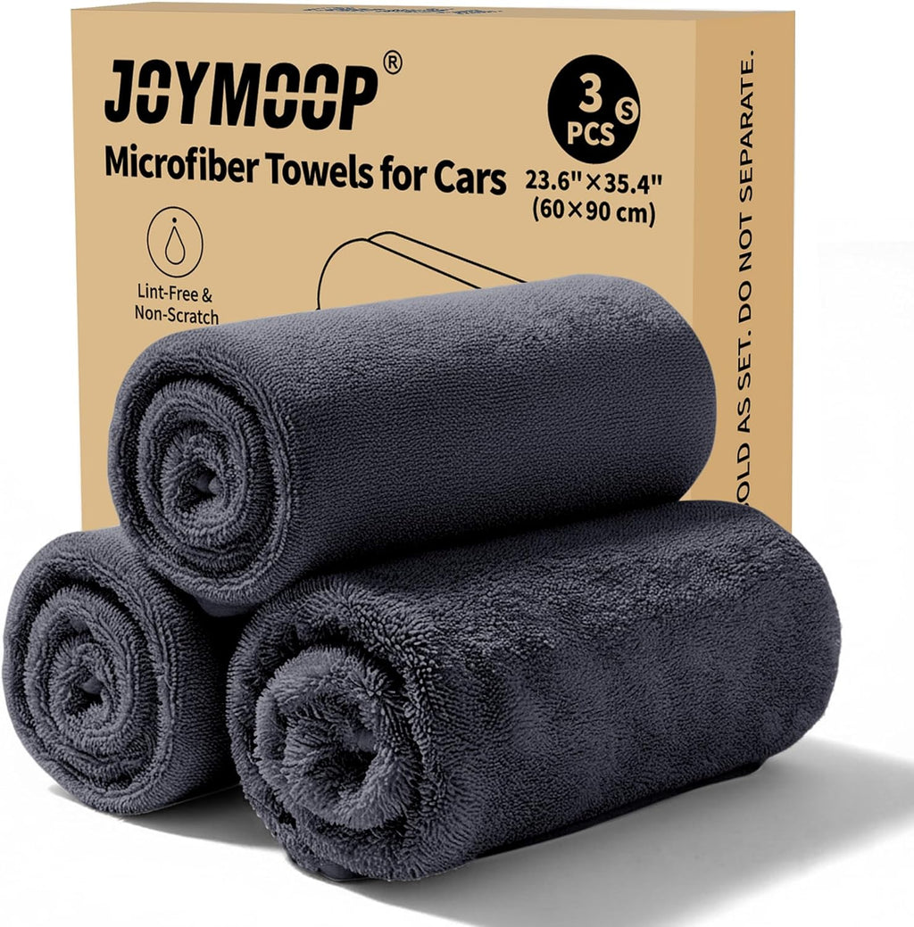 JOYMOOP Microfiber Towels for Cars, 3 Pack 35.4" x 23.6" Car Drying Towel, Dark Gray Reusable Car Towel, Quick Drying Car Microfiber Cleaning Cloth for RVs, SUVs, Trucks