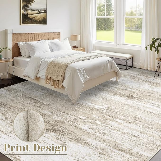 Washable Rug 8x10 Area Rugs for Living Room: Large Neutral Soft Rug Abstract Non Slip Low Pile Modern Carpet for Bedroom Kitchen Nursery Office Dining Room Indoor (Beige, 8'x10')