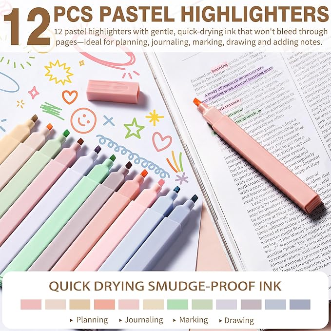 62PCS Aesthetic School Supplies with Cute Pencil Case, Pastel Highlighters Black Ink Gel Pens Mechanical Pencils Kit, Back to School Supplies College Essentials Preppy Stationary Set for Student Girls