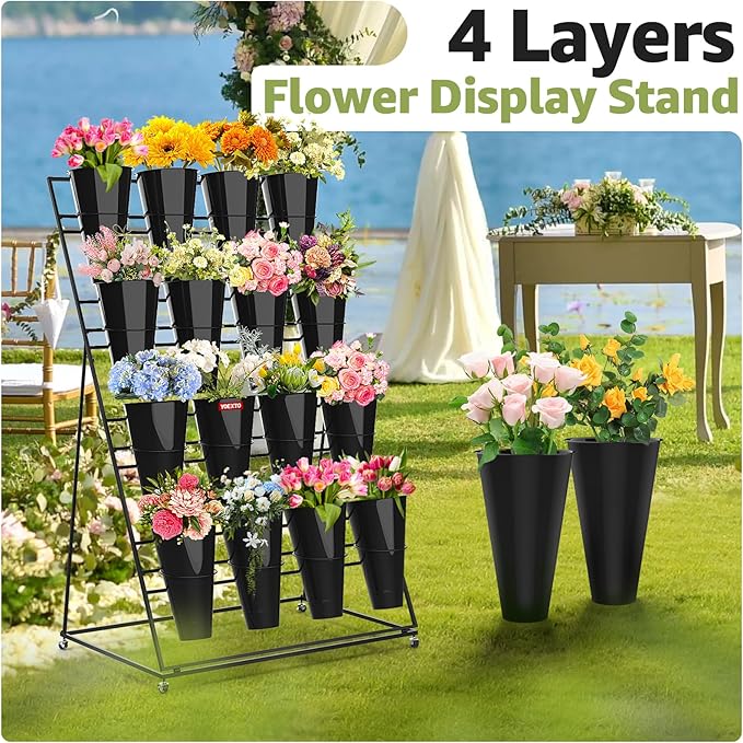 Flower Display Stand 4 Layers with 16 PCS Round Buckets, Plant Stand with Wheels, Movable Metal Plant Stand for Terrace Garden, Florist Shop