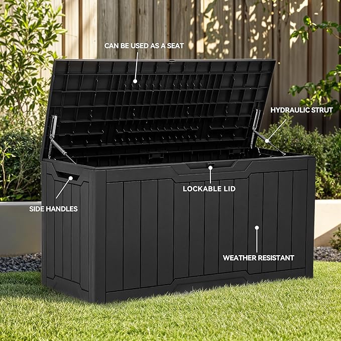 YITAHOME 100 Gallon Outdoor Storage Box, Large Water Resistant Resin Deck Box, Indoor Outdoor Lockable Storage Container for Patio, Garden, Cushions, Tools, Equipment (Black)