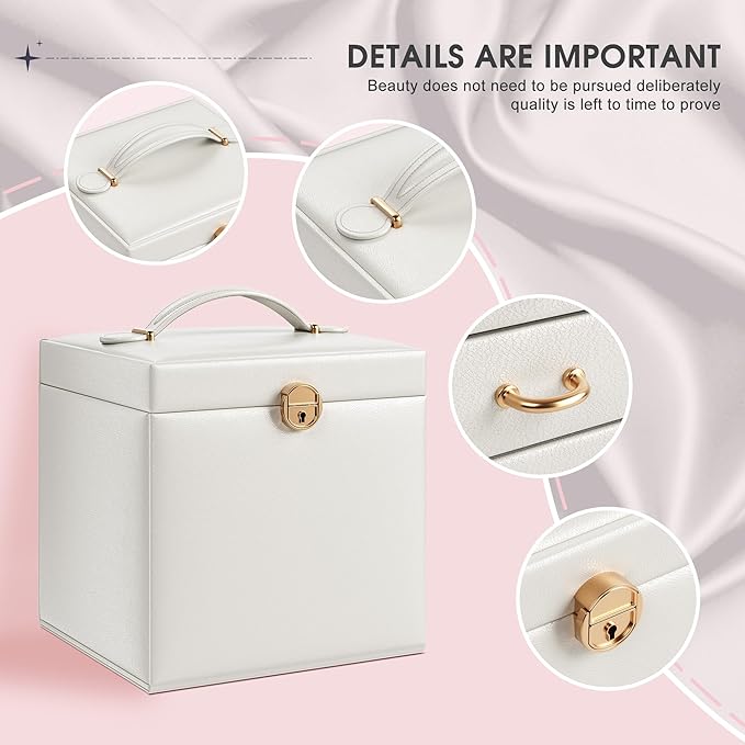 5-Layer Jewelry Box with 4 Drawers, Huge Portable Jewelry Organizer with Lock and Mirror for Women, for Necklace Ring Earring Bracelet Storage, Lockable Jewelry Case, White
