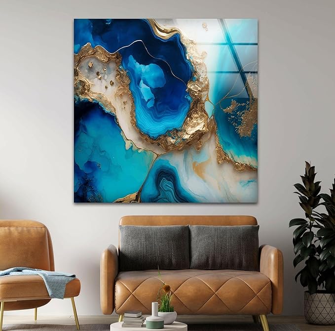 My Photostation.com 20Wx14H'' Blue Alcohol ink Glass Wall ArtTempered Glass Printing Wall Decor Large Wall Art Wall Hangings