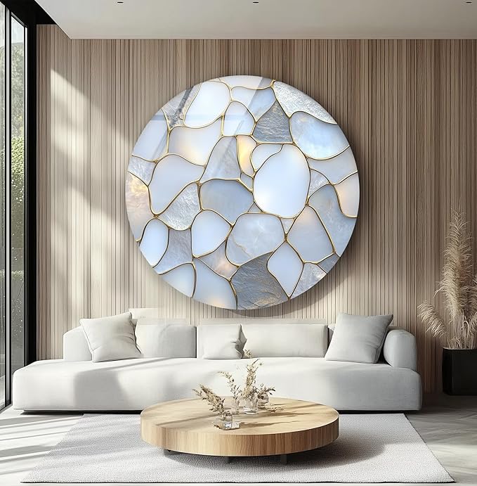 My Photostation.com 24''(60cm) Diameter White Stone Mosaic Round Glass Wall Art Tempered Glass Printing Wall Decor Large Wall Art Wall Hangings