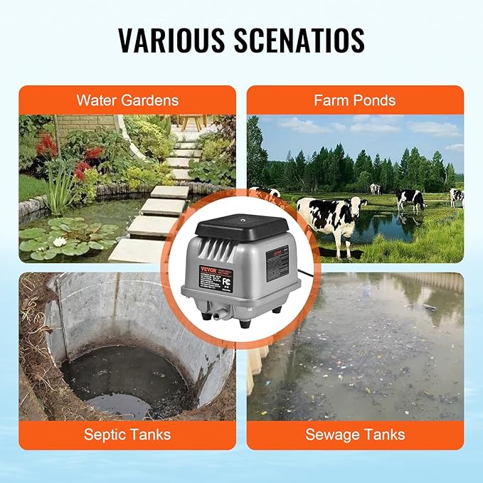 VEVOR Linear Air Pump, 90L/Min Air Flow Septic Aerator Pump, Aeration System for 1/4 Acre 10 FT Deep Ponds, Water Gardens, Waste Treatment, Septic Tanks, Aquariums, Seafood Restaurants, Fish Farms
