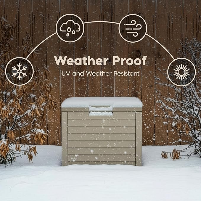 IRIS USA 35-Gallon Outdoor Deck Delivery Storage Box, Lockable & UV-Protected, Weather-Resistant Patio Storage for Cushions, Garden Tools & Packages, Waterproof Resin, Durable & Stylish Design - Beige
