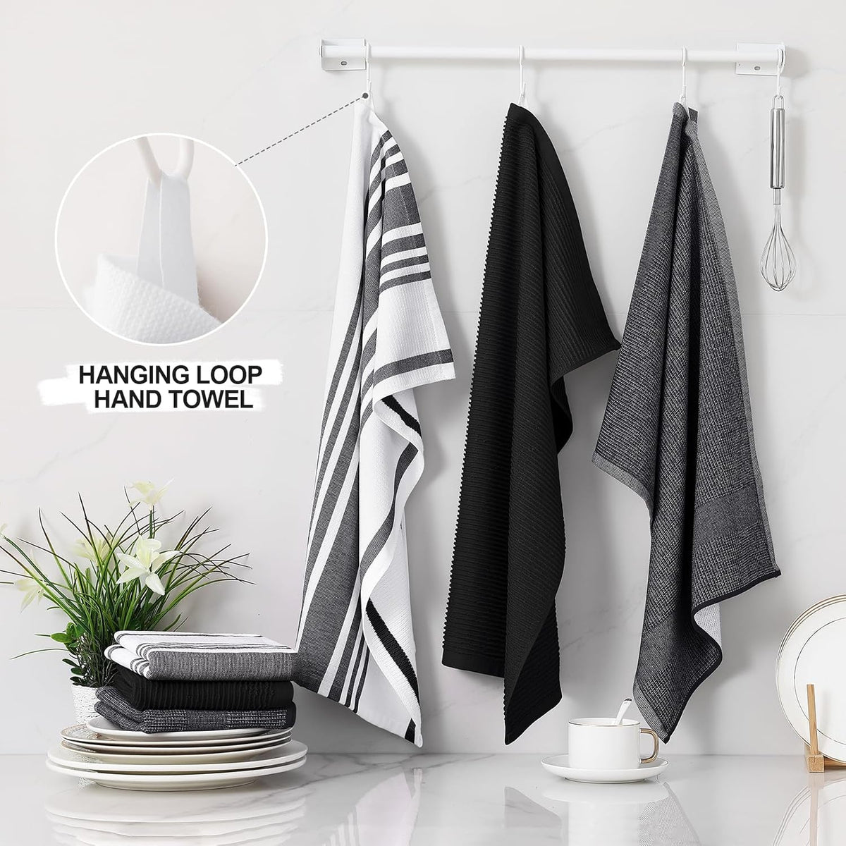 Homaxy Premium Kitchen Towels(18”x 28”, 12 Pack), Large Cotton 380 GSM Kitchen Hand Towels, Soft and Absorbent Terry Dish Towels, Multipurpose Tea Towel Set with Hanging Loop, Black