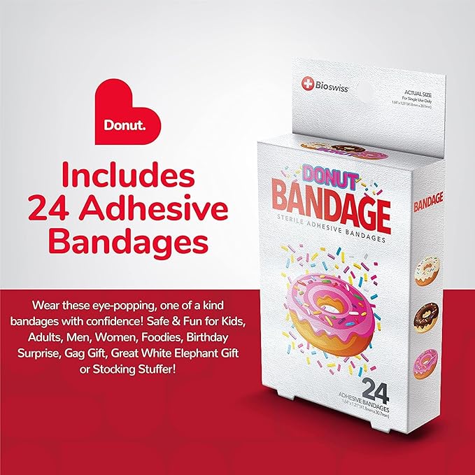 BioSwiss Bandages, Donut Shaped Self Adhesive Bandage, Latex Free Sterile Wound Care, Fun First Aid Kit Supplies for Kids, 24 Count