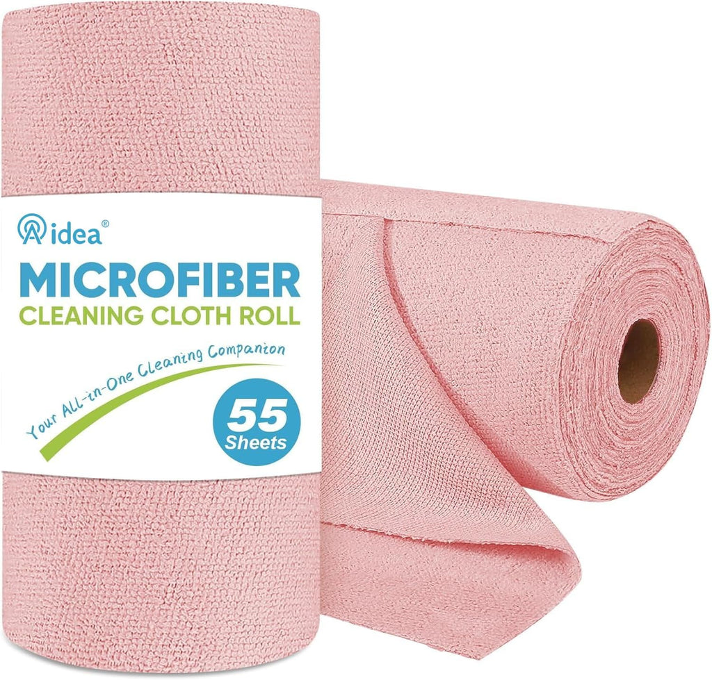 AIDEA Microfiber Cleaning Cloth Roll, 55 Sheets, Pink Towel, Microfiber Towels for Cars, Reusable Paper Towels, Shop Rags Washable, Cleaning Rags for Automotive, House, Kitchen, Cleaning Supplies11×9"