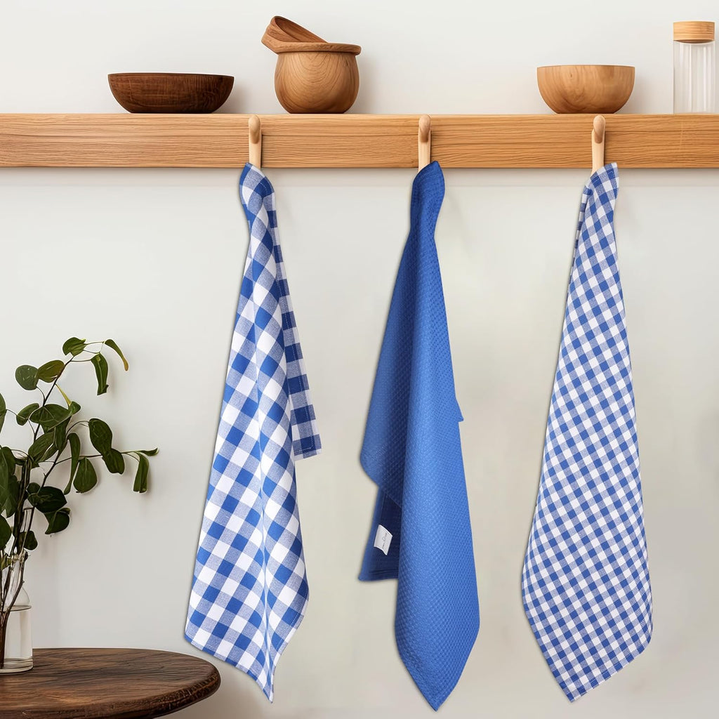 Kitchen Towels Set of 6 Soft Premium Cotton Highly Absorbent Dish Towels 18x28 Inches, Washable & Reusable Tea Towel, Quick Drying Dish Cloths with Hanging Loop - Blue/White, Checks