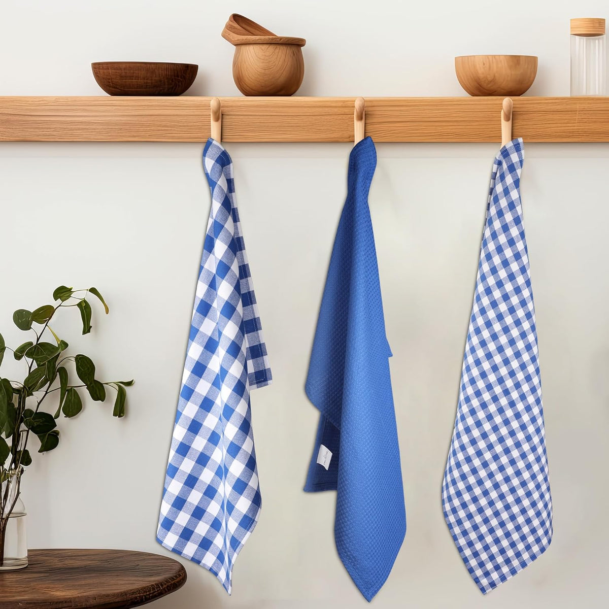 Kitchen Towels Set of 6 Soft Premium Cotton Highly Absorbent Dish Towels 18x28 Inches, Washable & Reusable Tea Towel, Quick Drying Dish Cloths with Hanging Loop - Blue/White, Checks