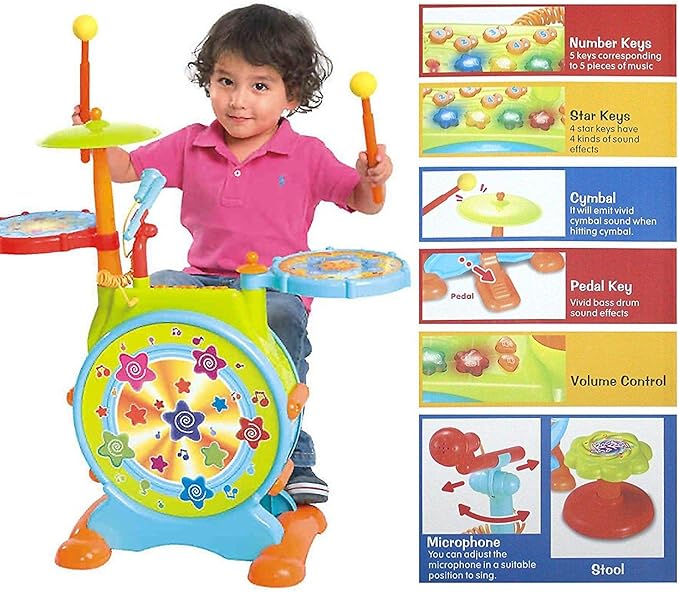 Play Baby Musical Big Toy Kids Drum Set with Adjustable Mic and Seat - Many Functions and Activities for Hours of Play - Pretend to Be A Real Drummer with Drumsticks, Pedals, and Bass Drum
