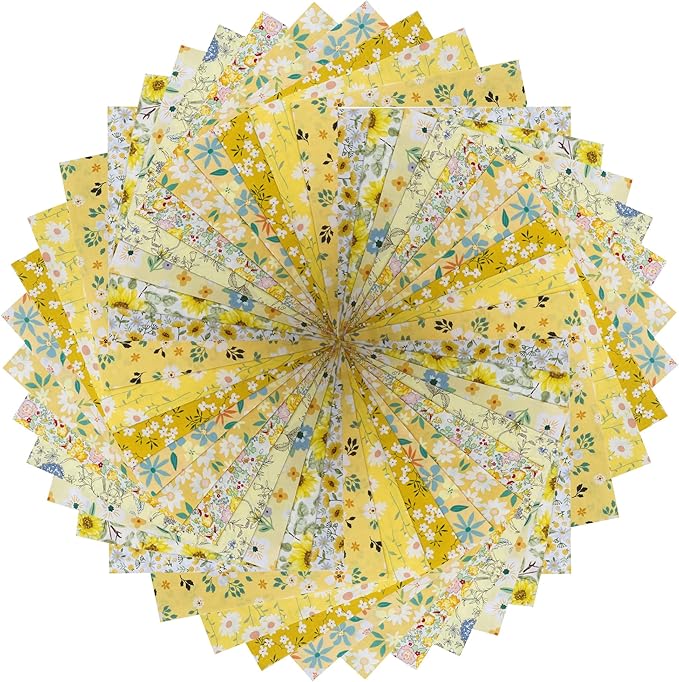 HANPATQUI 50PCS 10 x 10 inch Yellow Printed 100% Cotton Fat Quarters Fabric for Sewing and Quilting Bundles Precut Fabric Square for DIY Craft Patchwork