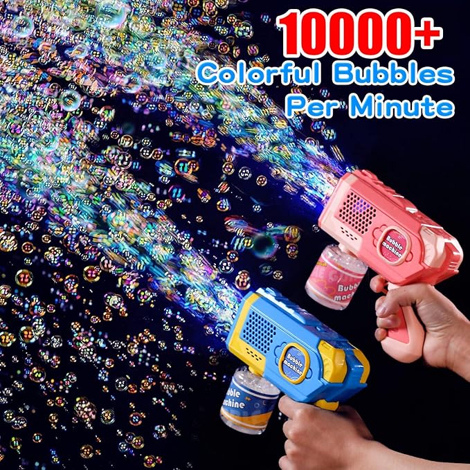 EagleStone 2 Pack Bubble Gun Machine for Kids, Automatic Light Up Bubble Blower with 4 Bottles 10 Bags Refill Solution, Bubble Guns Blaster for Toddlers, Outdoor Toys Gifts, Wedding Easter Party Favor