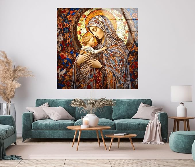 My Photostation.com 18Wx28H'' Jesus and Virgin Mary Glass Wall Art Tempered Glass Printing Wall Decor Large Wall Art Wall Hangings