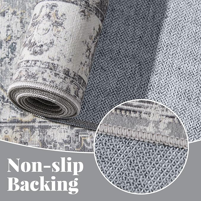 jinchan Hallway Runner Rug 3x10 Machine Washable Runner Rug Grey Vintage Floral Design Non-Slip Low Pile Ultra-Thin for Kitchen Laundry Room Bedroom Farmhouse (3‘x10',Grey)