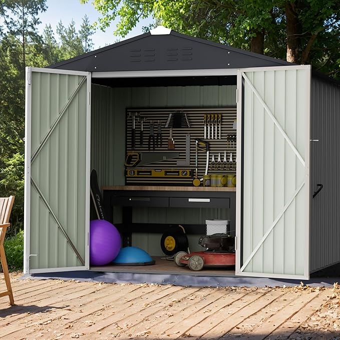 GUNJI 8 x 6 FT Shed Outdoor Storage Shed Metal Garden Shed with Lockable Door Outside Waterproof Tool Shed for Backyard, Patio, Lawn (White)