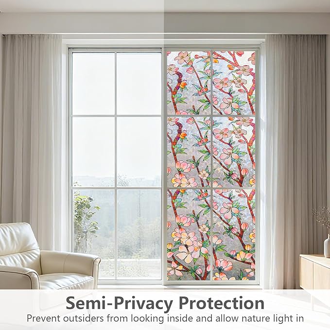 NINETREX Window Privacy Film,3D Stained Glass Window Film,Rainbow Static Cling Stickers Blocks Heat & UV,Non-Adhesive Vinyl for Home Door (Peach Blossom,17.5 x 78.7inch)
