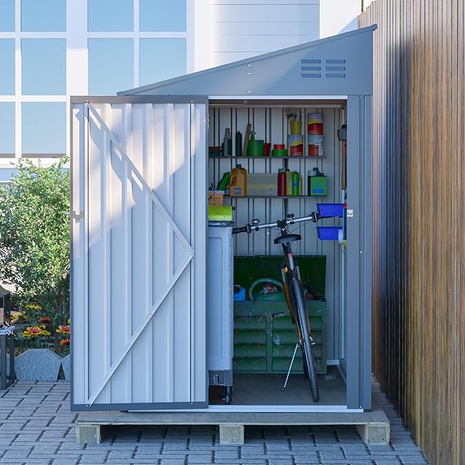 4x7 FT Lean-to Metal Storage Shed with Single Lockable Side Door, Sloping Roof Galvanized Steel Outdoor Tool Shed for Garden, Patio & Backyard Storage