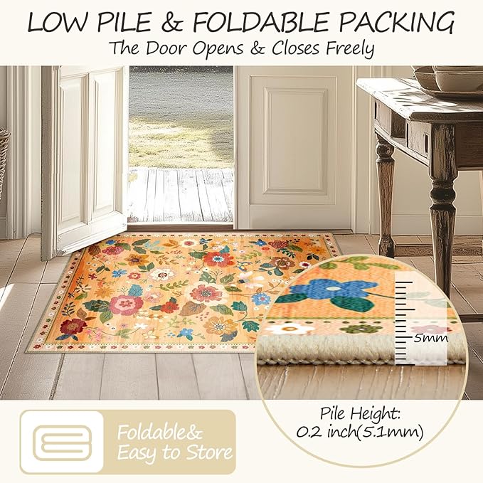 Floral 2x3 Area Rug Machine Washable Soft Print Boho Carpet Non Slip Doormat Low Pile Flower Area Rugs for Living Room Bedroom Nursery Kitchen Dining Room Indoor-Yellow/Orange
