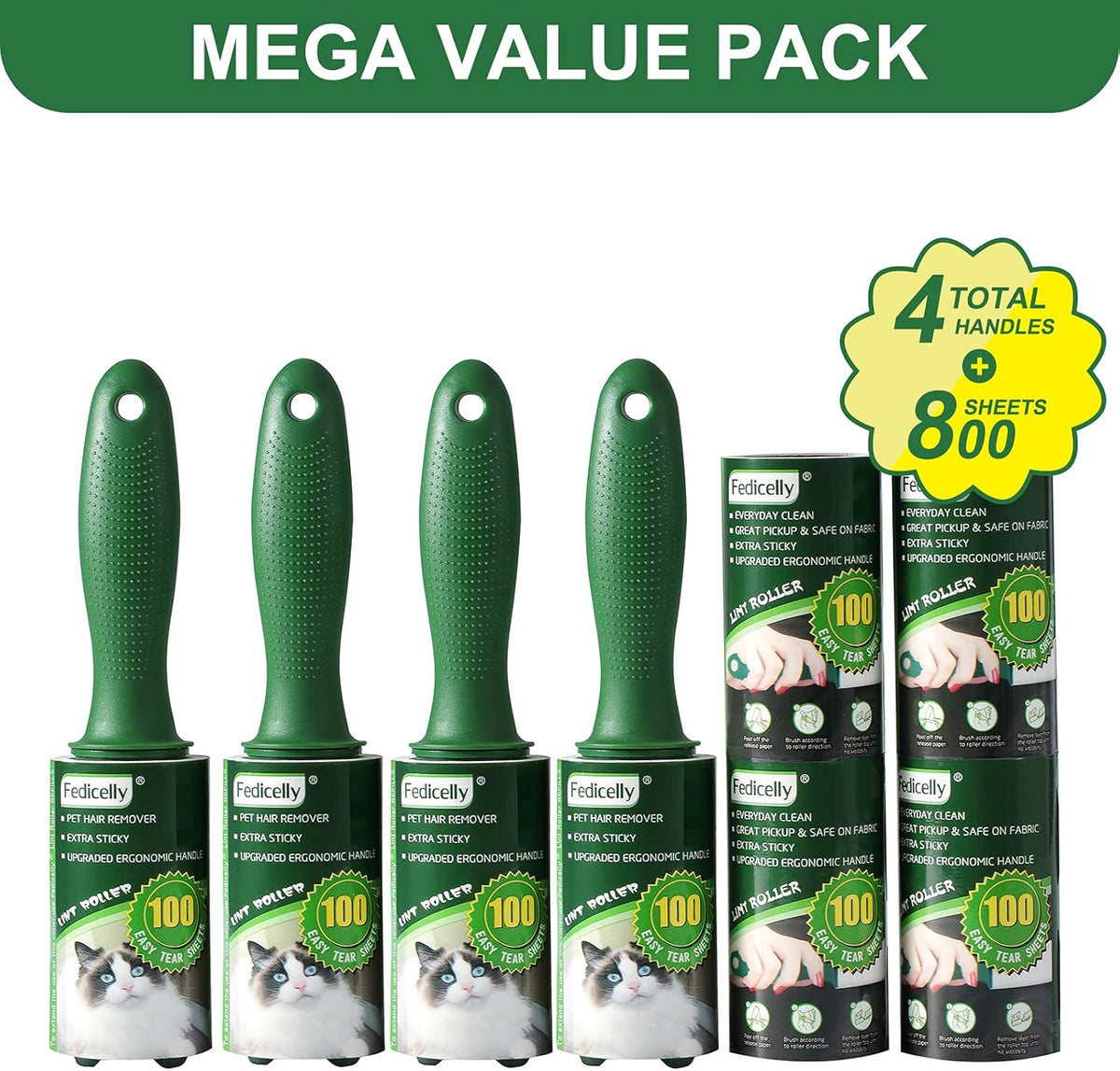 Fedicelly Lint Rollers Pet Hair Extra Sticky Clothes,Cat Dog Hair Remover Laundry Furniture Carpet,Total 800 Sheets Lint Remover Brush for Couch Green