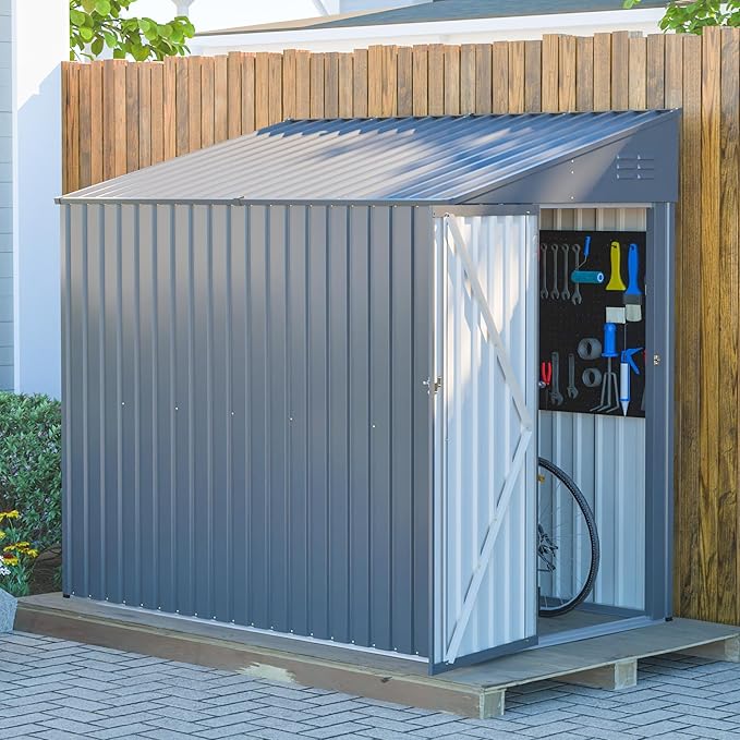 4x7 FT Lean-to Metal Storage Shed with Single Lockable Side Door, Sloping Roof Galvanized Steel Outdoor Tool Shed for Garden, Patio & Backyard Storage