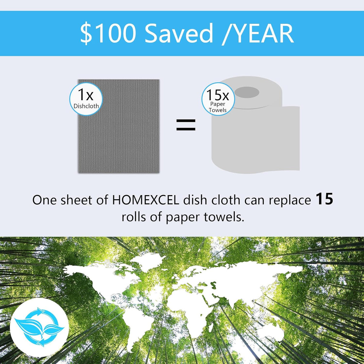 HOMEXCEL Swedish Dishcloths for Kitchen 10 Pack, Sponge Dish Cloth for Counters & Washing Dishes, Reusable and Absorbent Paper Towels, Grey