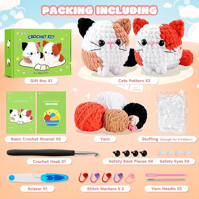 Cat Crochet Kit for Beginners-2PCS Calico Cats Crochet Kits for Adults Kids, Crochet Starter Kit with Step-by-Step Video Tutorials,Crochet Animal Kits Knitting Kit Learn to Crochet Kits