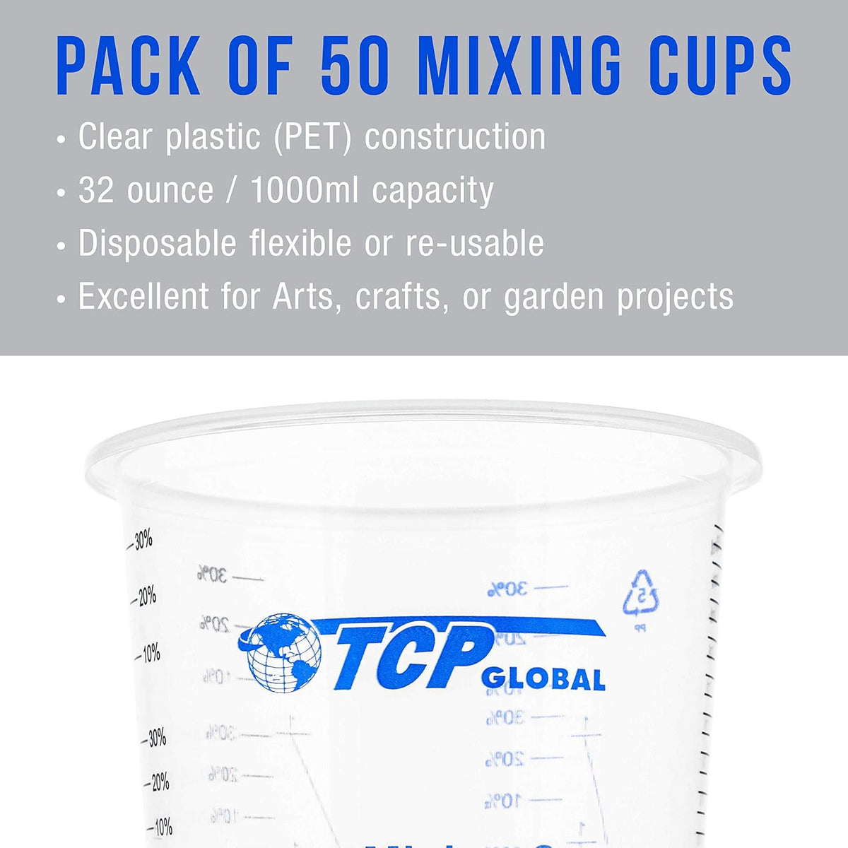TCP Global 32 oz. (1000ml) Graduated Plastic Mixing Cups (Box of 50) - Disposable Plastic Measuring Cups for Liquids, Paints, Resin, Epoxy, Art, Kitchen - Ratios 2-1, 3-1, 4-1 ML
