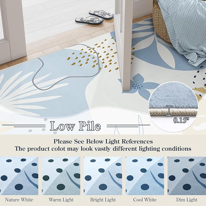 Lahome 9x12 Rugs for Living Room, Washable Non-Slip Ultra-Thin Larege Area Rug for Dining Room Table, Boho Botanical Print Indoor Soft Carpet for Bedroom Office, Blue