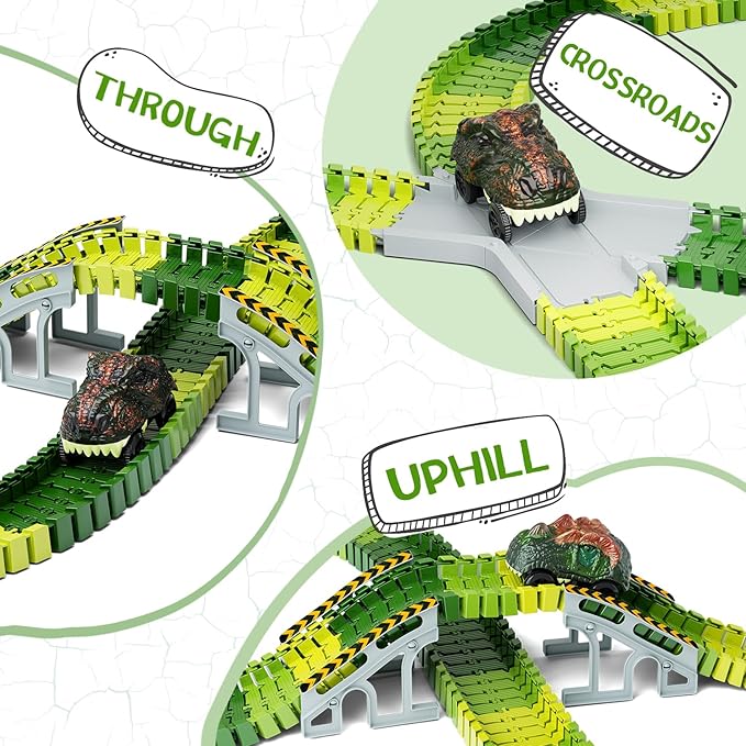 Dinosaur Toys,Create A Dinosaur World Road Race,Flexible Track Playset and 2 pcs Cool Dinosaur car for 3 4 5 6 Year & Up Old boy Girls Best Gift
