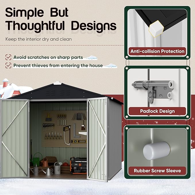 GUNJI 8 x 6 FT Shed Outdoor Storage Shed Metal Garden Shed with Lockable Door Outside Waterproof Tool Shed for Backyard, Patio, Lawn (White)
