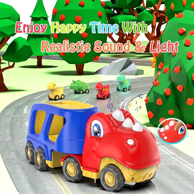 Toddler Car Toy for 2 3 4 5 Years Old, Dinosaur Transport Carrier Truck with 4 Pack Small Pull Back Dino Car, Friction Power Vehicle Christmas Birthday Gift for 18M+ Kids Boys Girls