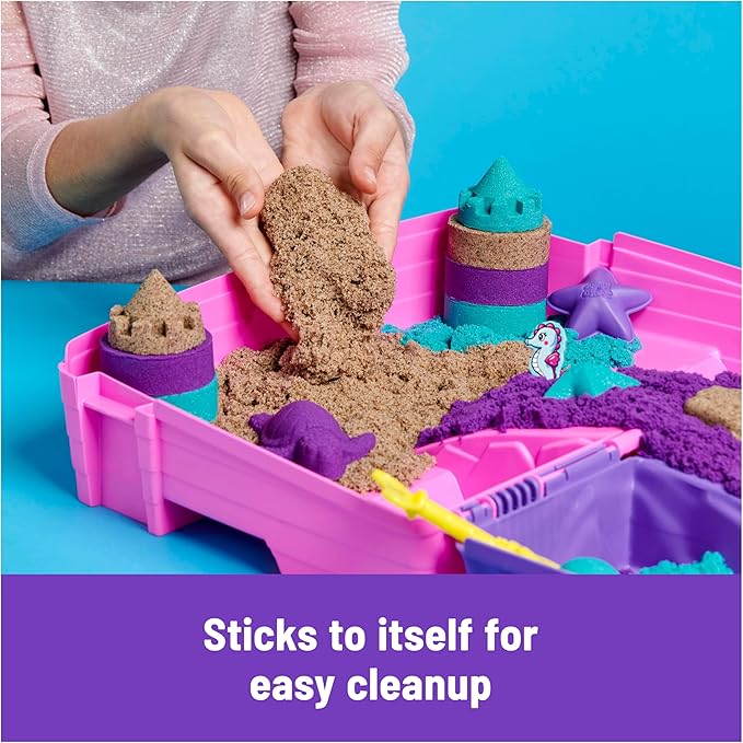 Kinetic Sand, Mermaid Palace Playset Folding Sandbox with 2.06lbs Play Sand (Neon Purple, Shimmer Teal & Beach), Tools, Sensory Toys, Holiday Gifts & Stocking Stuffers for Kids Ages 3 and up