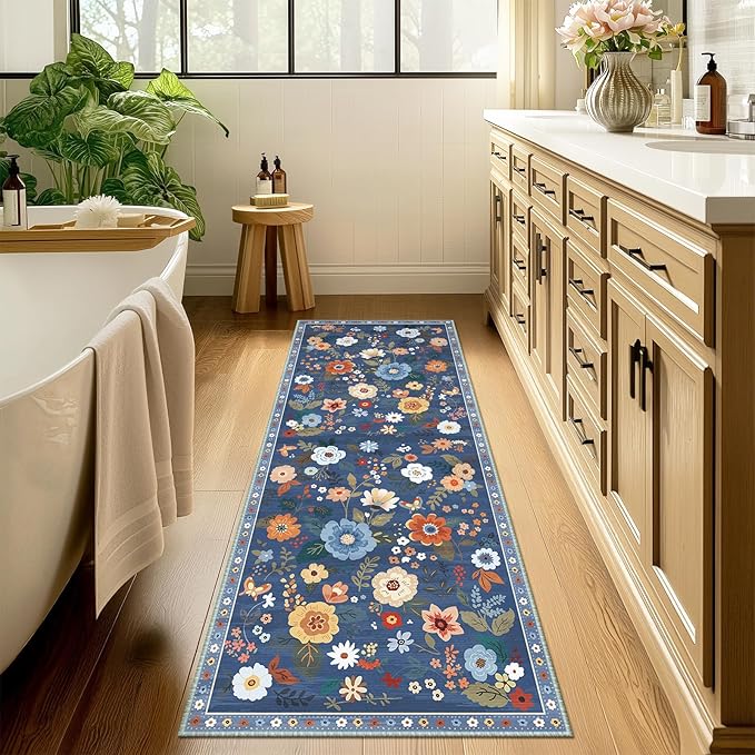 Floral 2x6 Area Rug Machine Washable Soft Print Boho Carpet Non Slip Doormat Low Pile Flower Area Rugs for Living Room Bedroom Nursery Kitchen Dining Room Indoor-Blue/Grey
