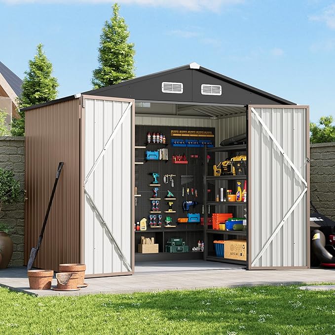 8x6 FT Outdoor Storage Shed with Floor & Lockable Double Doors, Heavy-Duty Galvanized Steel Outdoor Metal Shed for Bike, Tool, Generator Storage in Backyard, Patio (8’x6’, Floor)