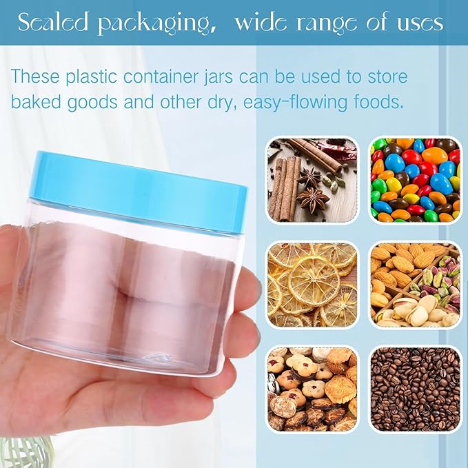SATINIOR 24 Pieces Empty Clear Plastic Jars with Lids Round Storage Containers Wide Mouth for Beauty Product Cosmetic Cream Lotion Liquid Butter Craft and Food(Blue Lid,6 oz)