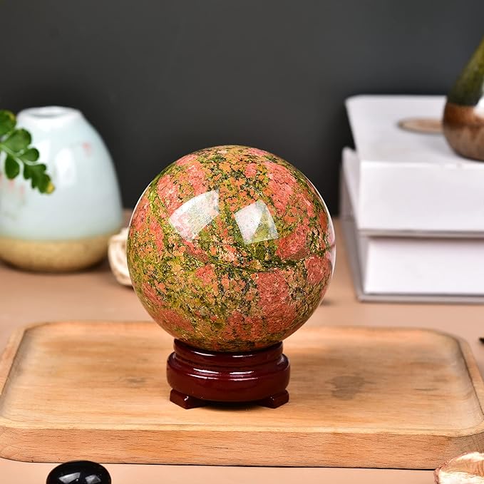 JIC Gem Healing Crystal Sphere Ball with Wood Stand Natural Unakite Rock Gemstone Sphere Crystal Orbs for Meditation Grid Decor (80-90mm)