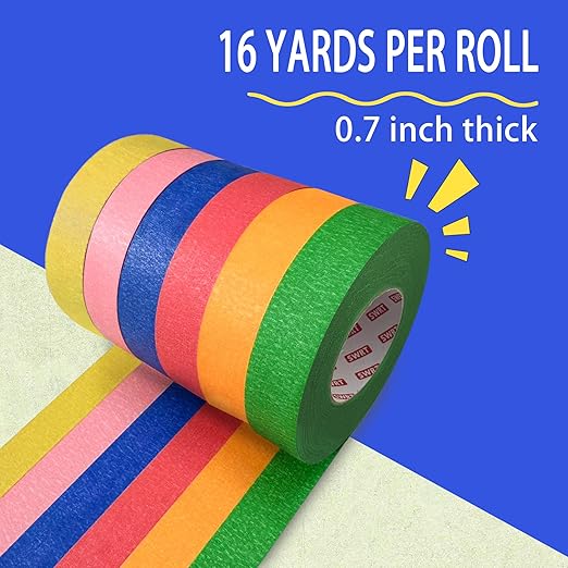 SWRT Colored Masking Tape 6-Pack, 0.7 Inch x 16 Yards Each Roll Rainbow Painter’s Tape Set for Arts, Crafts, Labeling & Teacher – Easy Tear, Residue-Free, Vibrant Colors