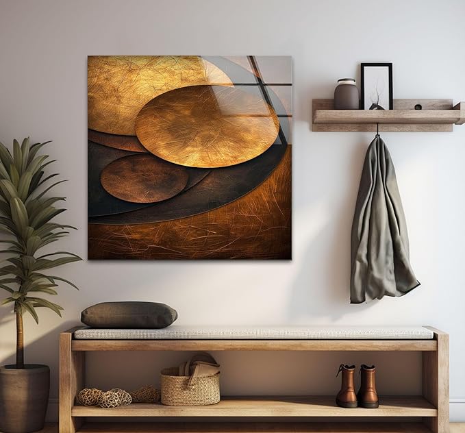My Photostation.com Round 24'' Bronze Art Deco Geometric Motifs Glass Wall Art Tempered Glass Printing Wall Decor Large Wall Art Wall Hangings