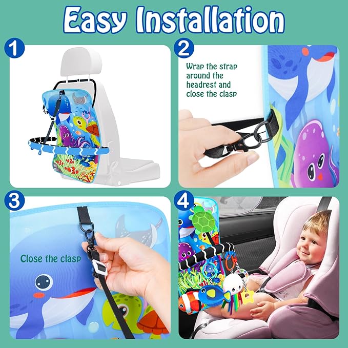 Baby Car Seat Ocean Animals Toys - Kick and Play Double Sided Infant Car Seat Toys with Plush Toys, Mirror, Teether for Baby Travel Activities, Christmas Birthday Gifts Newborn Infant Toy