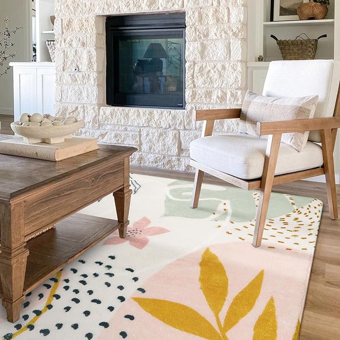 Lahome Pink Carpet for Living Room - 4x6 Area Rug for Bedroom Washable Non-Slip Boho Rug Throw Cute Soft Nursery Kids Rug, Abstract Botanical Print Indoor Rugs for Kitchen Entryway Laundry Dining Room